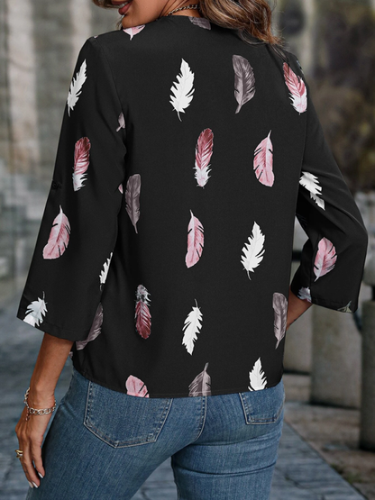 Top- Elegant Feather Print 3/4 Sleeve V-Neck Blouse- - IndioGear Fashion and Gear