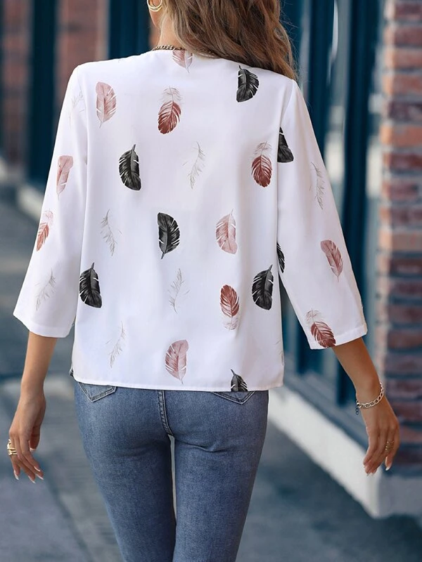 Top- Elegant Feather Print 3/4 Sleeve V-Neck Blouse- - IndioGear Fashion and Gear