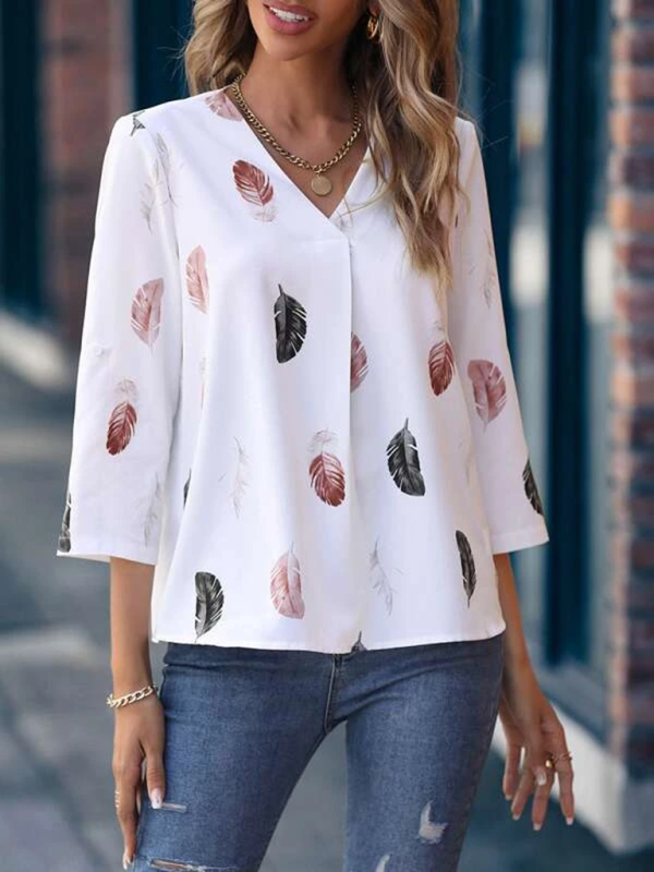 Top- Elegant Feather Print 3/4 Sleeve V-Neck Blouse- - IndioGear Fashion and Gear