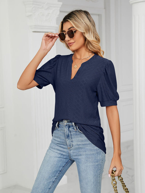 Top- Eyelet V-Neck Blouse - Summer Puff Sleeve Top- Navy Blue- IndioGear Fashion and Gear