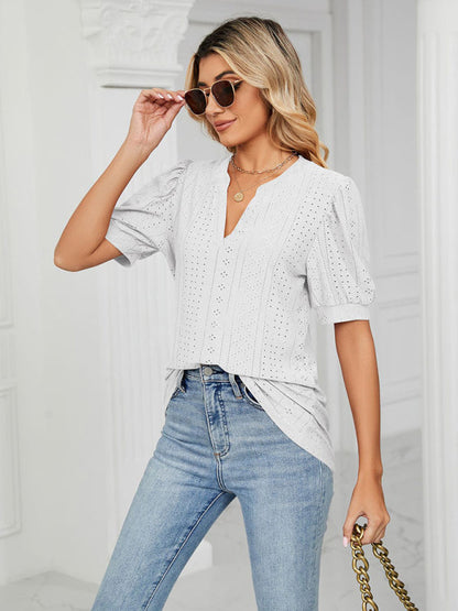 Top- Eyelet V-Neck Blouse - Summer Puff Sleeve Top- - IndioGear Fashion and Gear