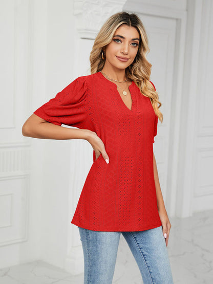 Top- Eyelet V-Neck Blouse - Summer Puff Sleeve Top- Red- IndioGear Fashion and Gear