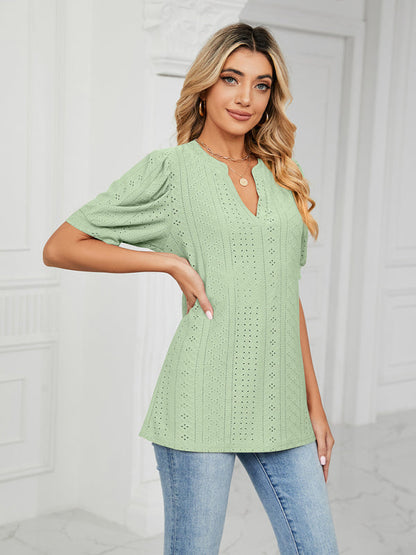 Top- Eyelet V-Neck Blouse - Summer Puff Sleeve Top- Pale green- IndioGear Fashion and Gear