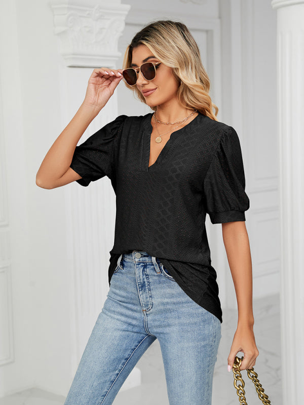 Top- Eyelet V-Neck Blouse - Summer Puff Sleeve Top- Black- IndioGear Fashion and Gear