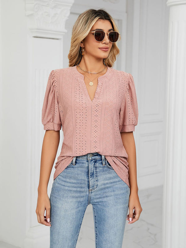 Top- Eyelet V-Neck Blouse - Summer Puff Sleeve Top- Lotus root Pink- IndioGear Fashion and Gear