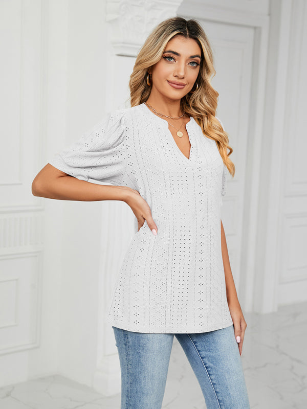 Top- Eyelet V-Neck Blouse - Summer Puff Sleeve Top- - IndioGear Fashion and Gear