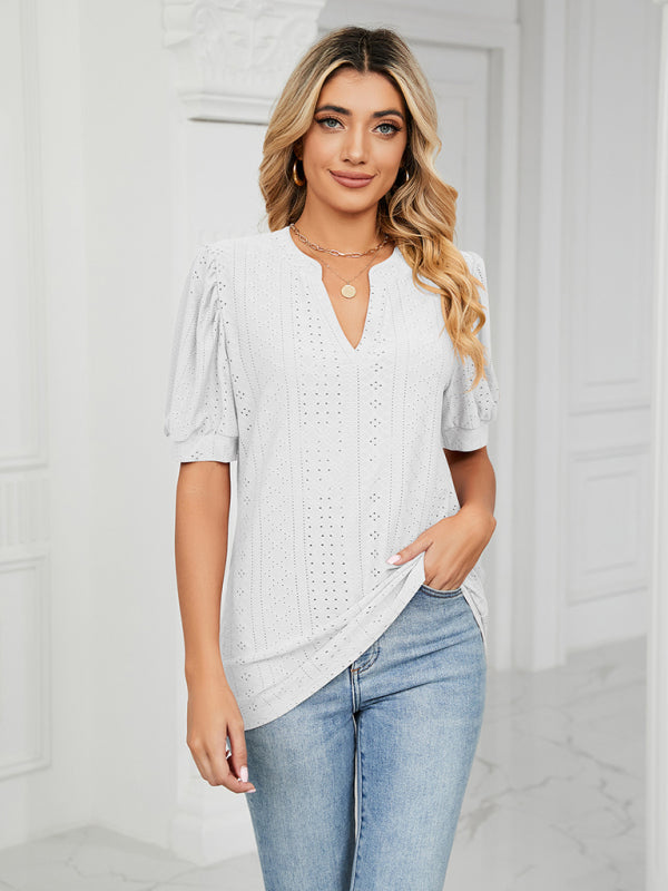 Top- Eyelet V-Neck Blouse - Summer Puff Sleeve Top- - IndioGear Fashion and Gear