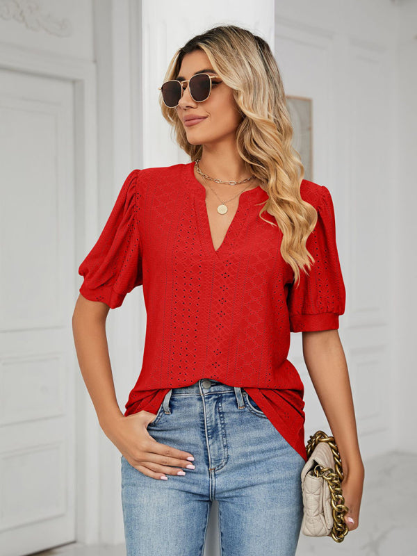 Top- Eyelet V-Neck Blouse - Summer Puff Sleeve Top- - IndioGear Fashion and Gear