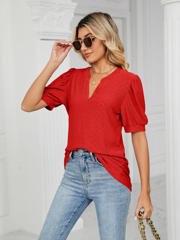 Top- Eyelet V-Neck Blouse - Summer Puff Sleeve Top- - IndioGear Fashion and Gear