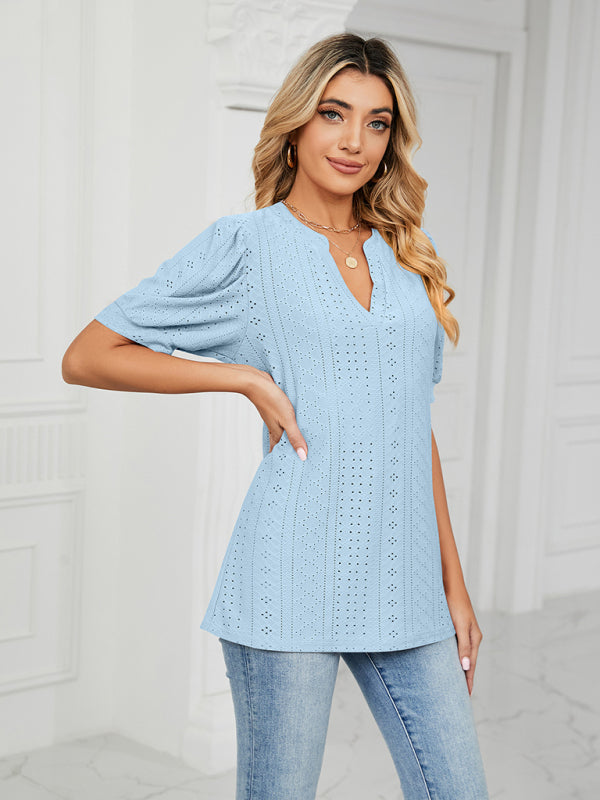 Top- Eyelet V-Neck Blouse - Summer Puff Sleeve Top- - IndioGear Fashion and Gear