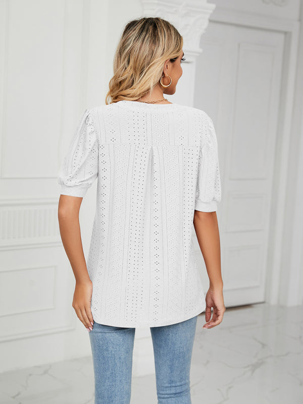 Top- Eyelet V-Neck Blouse - Summer Puff Sleeve Top- - IndioGear Fashion and Gear