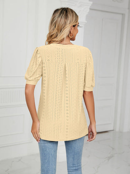 Top- Eyelet V-Neck Blouse - Summer Puff Sleeve Top- - IndioGear Fashion and Gear