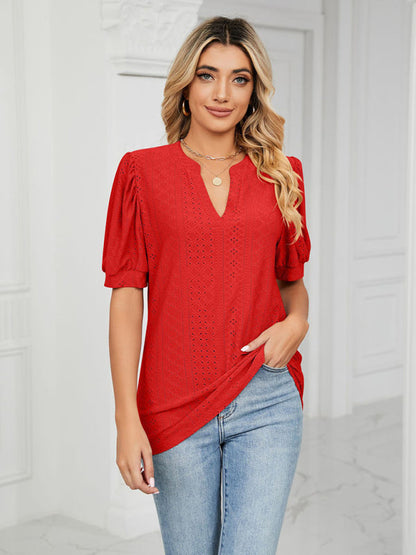 Top- Eyelet V-Neck Blouse - Summer Puff Sleeve Top- - IndioGear Fashion and Gear