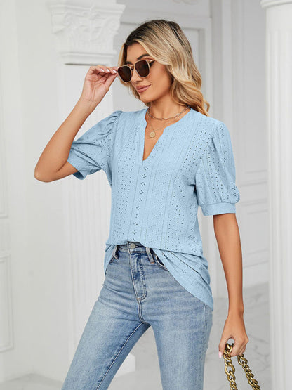 Top- Eyelet V-Neck Blouse - Summer Puff Sleeve Top- - IndioGear Fashion and Gear