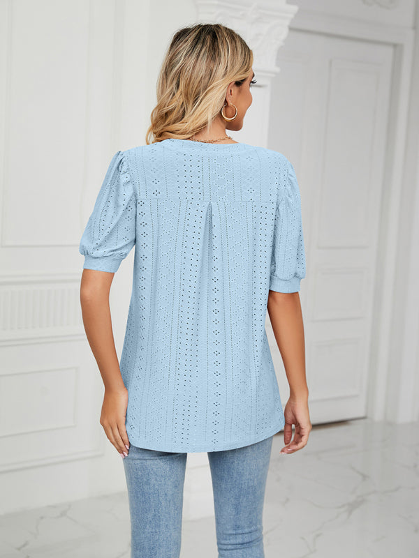 Top- Eyelet V-Neck Blouse - Summer Puff Sleeve Top- - IndioGear Fashion and Gear