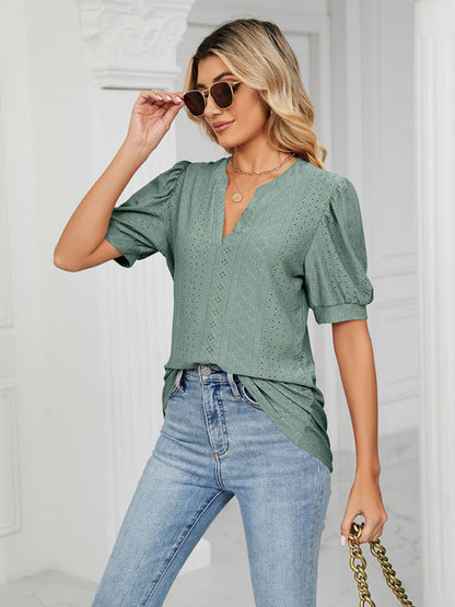 Top- Eyelet V-Neck Blouse - Summer Puff Sleeve Top- - IndioGear Fashion and Gear