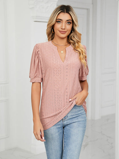 Top- Eyelet V-Neck Blouse - Summer Puff Sleeve Top- - IndioGear Fashion and Gear