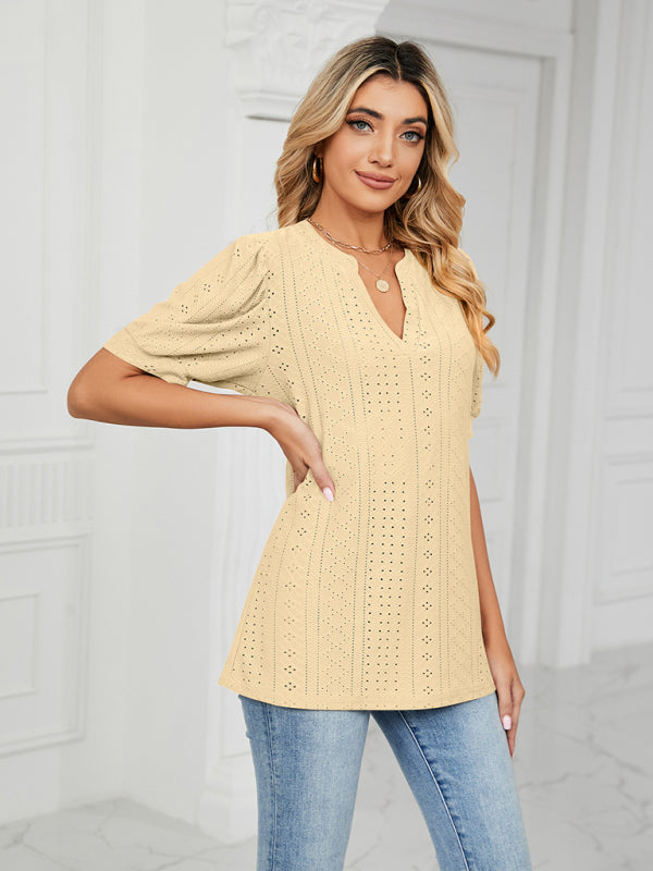 Top- Eyelet V-Neck Blouse - Summer Puff Sleeve Top- - IndioGear Fashion and Gear