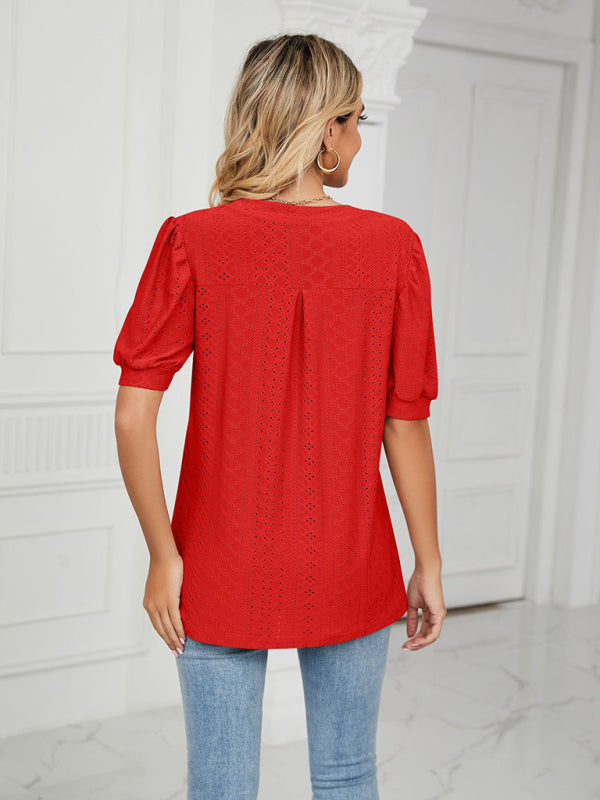 Top- Eyelet V-Neck Blouse - Summer Puff Sleeve Top- - IndioGear Fashion and Gear