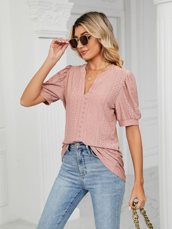 Top- Eyelet V-Neck Blouse - Summer Puff Sleeve Top- - IndioGear Fashion and Gear