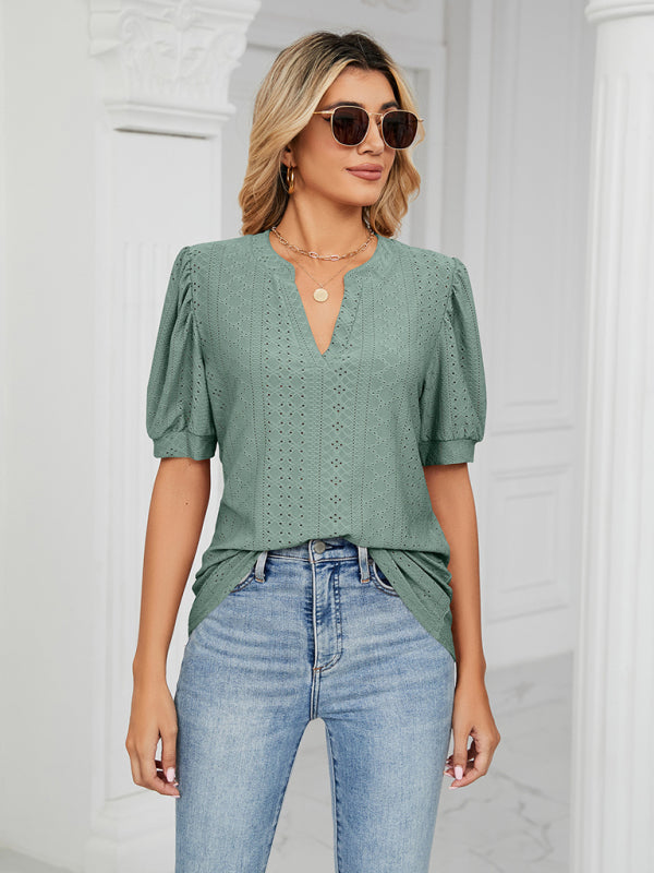 Top- Eyelet V-Neck Blouse - Summer Puff Sleeve Top- - IndioGear Fashion and Gear