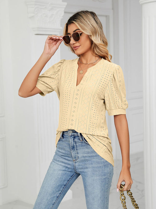 Top- Eyelet V-Neck Blouse - Summer Puff Sleeve Top- Yellow- IndioGear Fashion and Gear