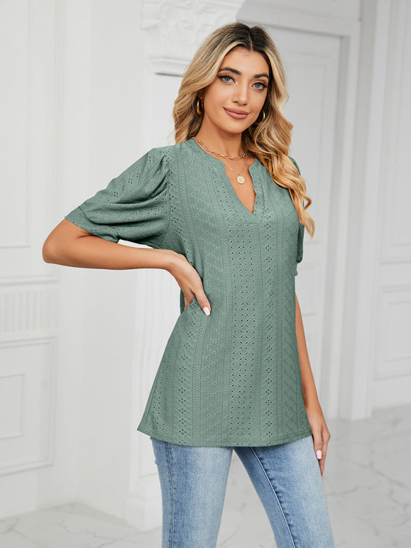 Top- Eyelet V-Neck Blouse - Summer Puff Sleeve Top- - IndioGear Fashion and Gear