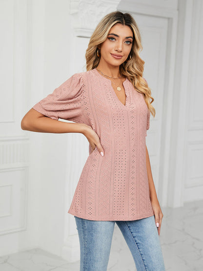 Top- Eyelet V-Neck Blouse - Summer Puff Sleeve Top- - IndioGear Fashion and Gear