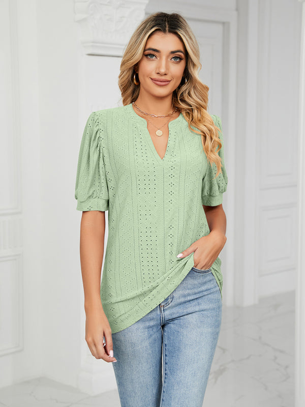 Top- Eyelet V-Neck Blouse - Summer Puff Sleeve Top- - IndioGear Fashion and Gear