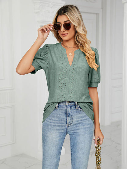 Top- Eyelet V-Neck Blouse - Summer Puff Sleeve Top- - IndioGear Fashion and Gear