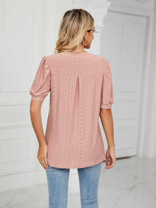 Top- Eyelet V-Neck Blouse - Summer Puff Sleeve Top- - IndioGear Fashion and Gear