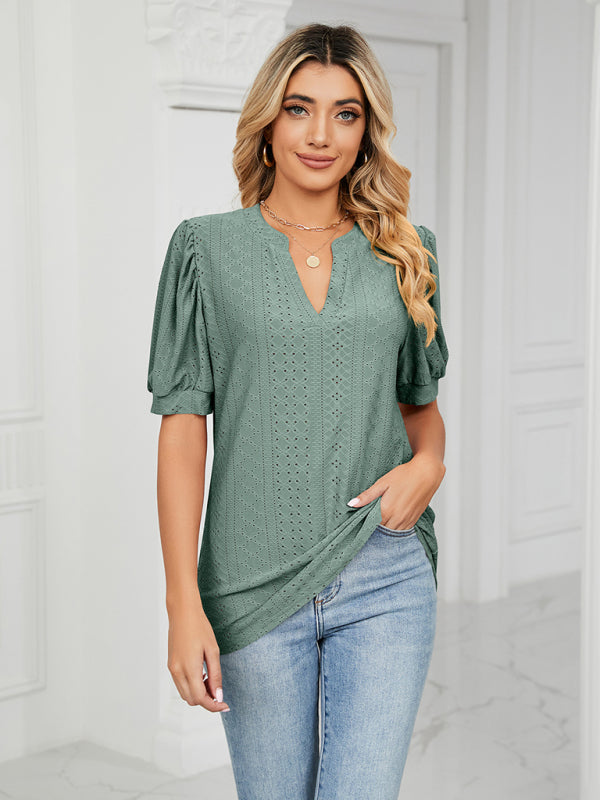 Top- Eyelet V-Neck Blouse - Summer Puff Sleeve Top- - IndioGear Fashion and Gear