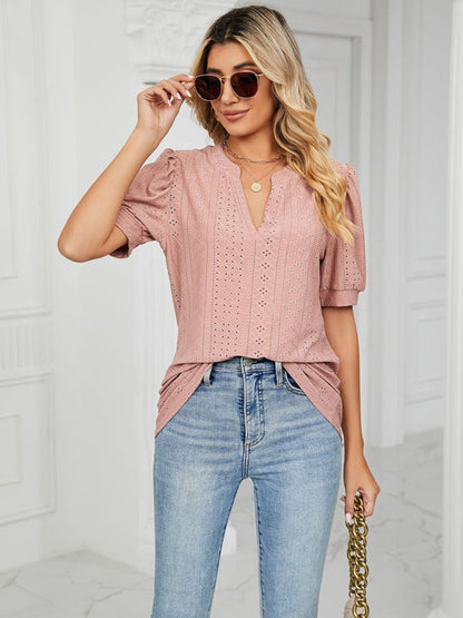 Top- Eyelet V-Neck Blouse - Summer Puff Sleeve Top- - IndioGear Fashion and Gear