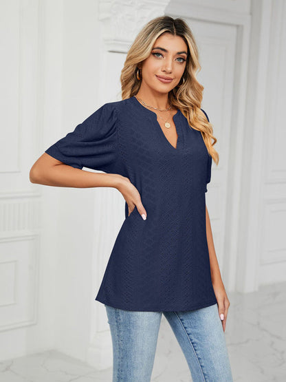 Top- Eyelet V-Neck Blouse - Summer Puff Sleeve Top- - IndioGear Fashion and Gear