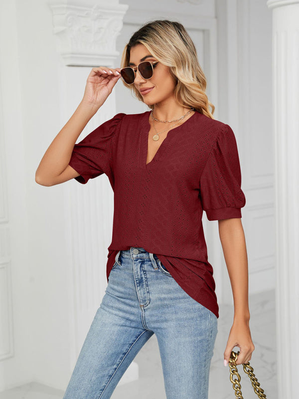 Top- Eyelet V-Neck Blouse - Summer Puff Sleeve Top- - IndioGear Fashion and Gear