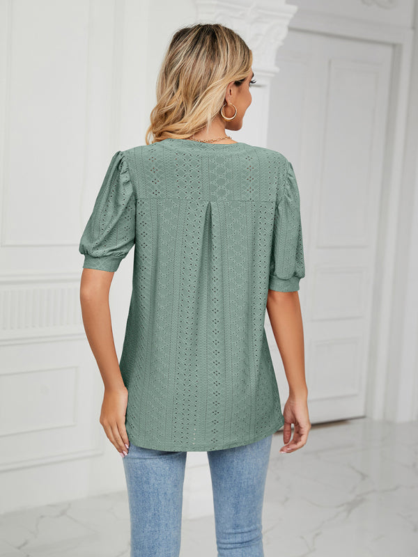 Top- Eyelet V-Neck Blouse - Summer Puff Sleeve Top- - IndioGear Fashion and Gear