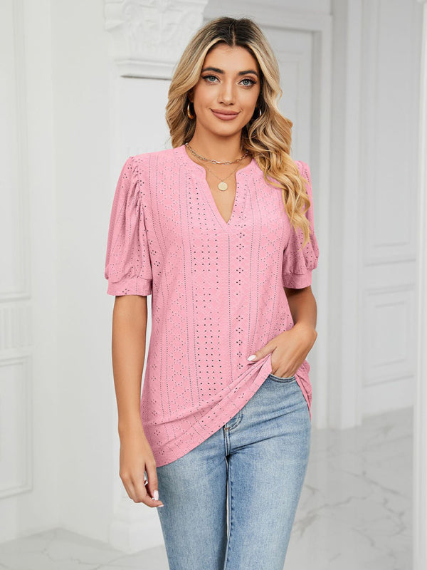 Top- Eyelet V-Neck Blouse - Summer Puff Sleeve Top- - IndioGear Fashion and Gear