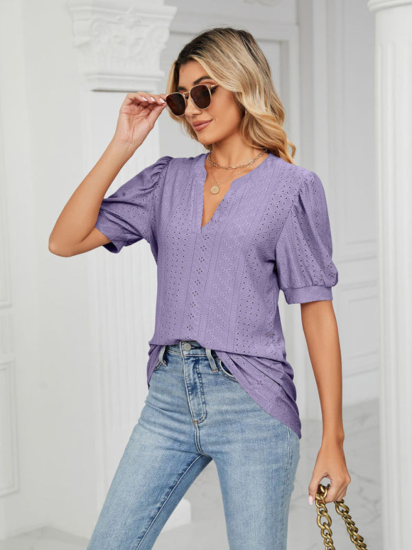 Top- Eyelet V-Neck Blouse - Summer Puff Sleeve Top- - IndioGear Fashion and Gear