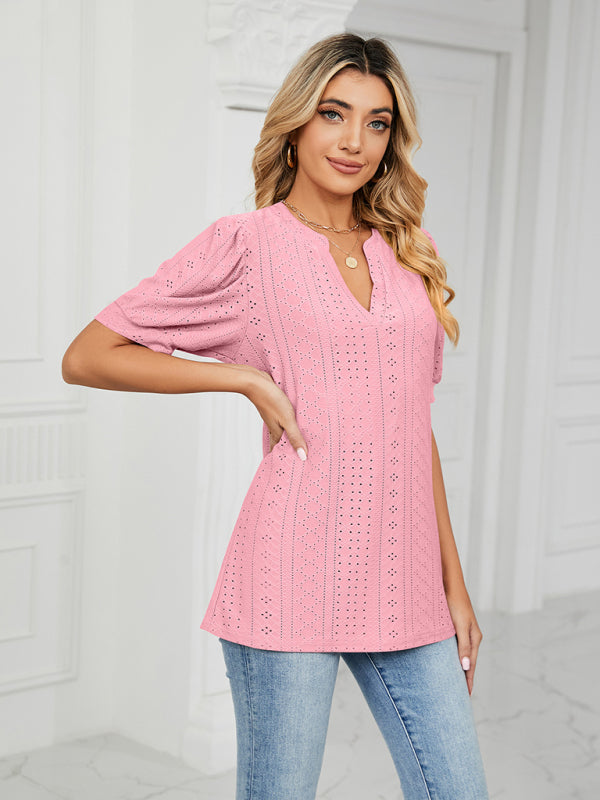 Top- Eyelet V-Neck Blouse - Summer Puff Sleeve Top- - IndioGear Fashion and Gear