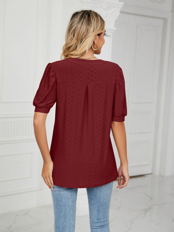 Top- Eyelet V-Neck Blouse - Summer Puff Sleeve Top- - IndioGear Fashion and Gear