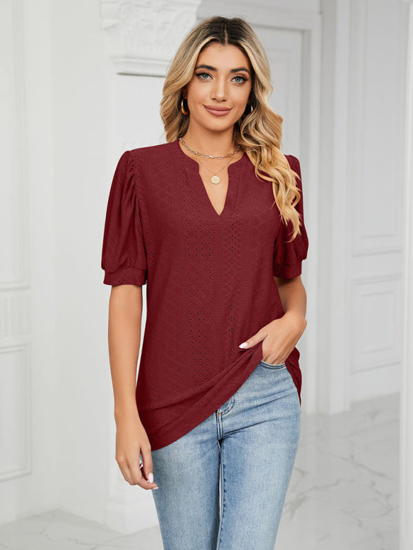 Top- Eyelet V-Neck Blouse - Summer Puff Sleeve Top- - IndioGear Fashion and Gear