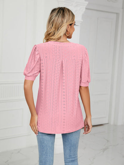 Top- Eyelet V-Neck Blouse - Summer Puff Sleeve Top- - IndioGear Fashion and Gear