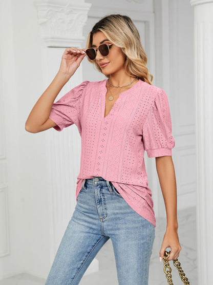 Top- Eyelet V-Neck Blouse - Summer Puff Sleeve Top- - IndioGear Fashion and Gear