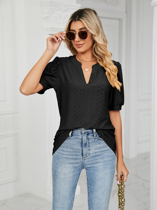 Top- Eyelet V-Neck Blouse - Summer Puff Sleeve Top- - IndioGear Fashion and Gear