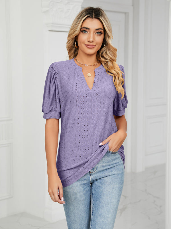 Top- Eyelet V-Neck Blouse - Summer Puff Sleeve Top- - IndioGear Fashion and Gear