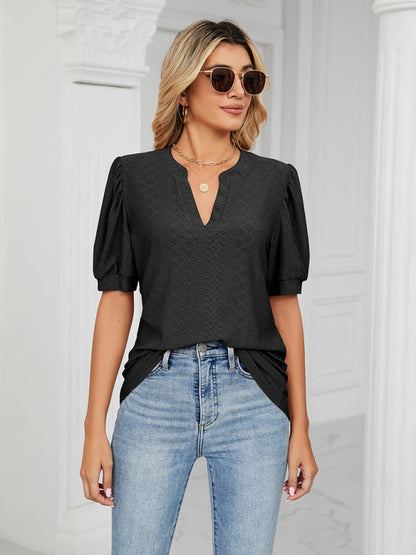 Top- Eyelet V-Neck Blouse - Summer Puff Sleeve Top- - IndioGear Fashion and Gear