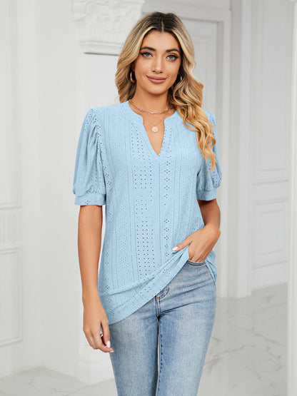 Top- Eyelet V-Neck Blouse - Summer Puff Sleeve Top- Sky blue azure- IndioGear Fashion and Gear