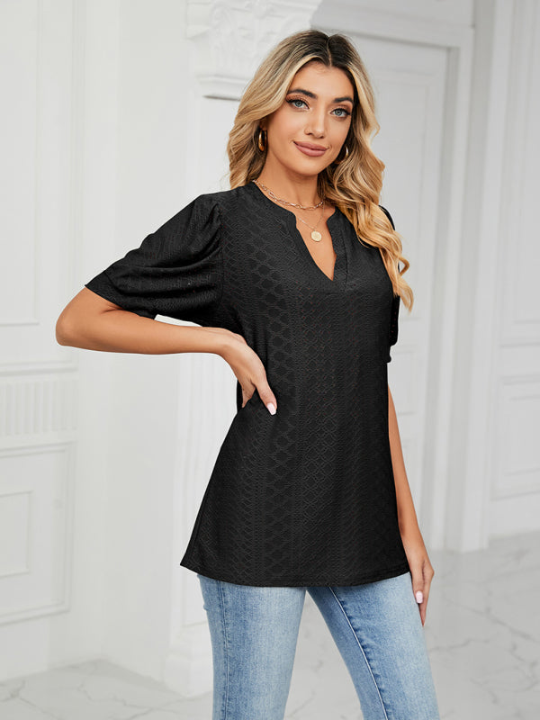 Top- Eyelet V-Neck Blouse - Summer Puff Sleeve Top- - IndioGear Fashion and Gear