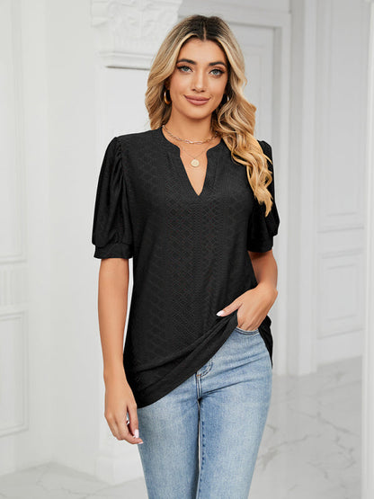 Top- Eyelet V-Neck Blouse - Summer Puff Sleeve Top- - IndioGear Fashion and Gear