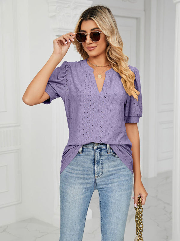 Top- Eyelet V-Neck Blouse - Summer Puff Sleeve Top- Purple- IndioGear Fashion and Gear